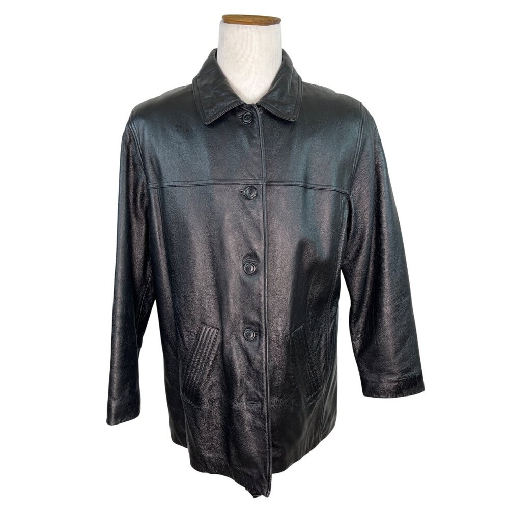 Modern Essential Mens Black Leather Button-Up Jacket Mid-Length Size XL